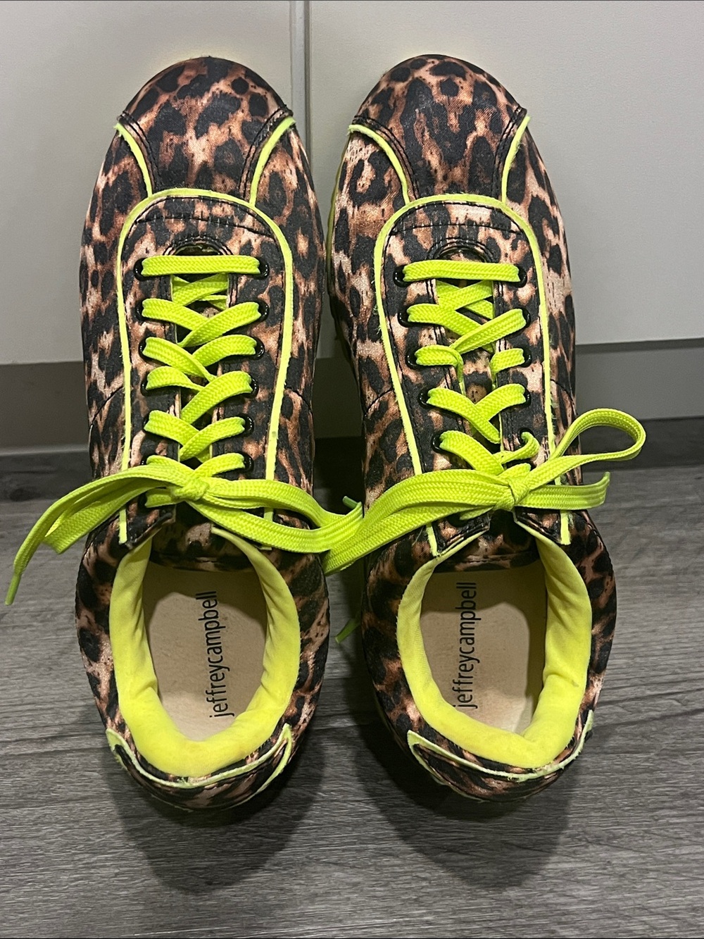 Jeffrey Campbell Leopard Print Sneakers with Neon Yellow Trim, size 8